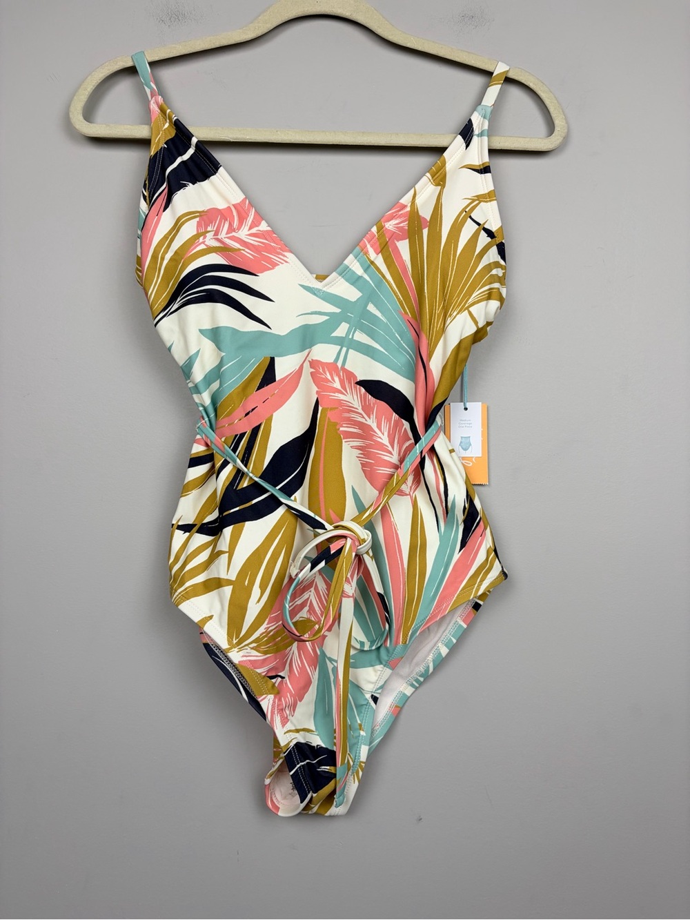 Kona Sol Tropical Palm Print Wrap Tie One Piece Swimsuit NWT Small